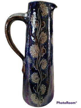 Signed Hand Made Stoneware Pottery Pitcher Hand Carved Vines Cobalt Blue Brown